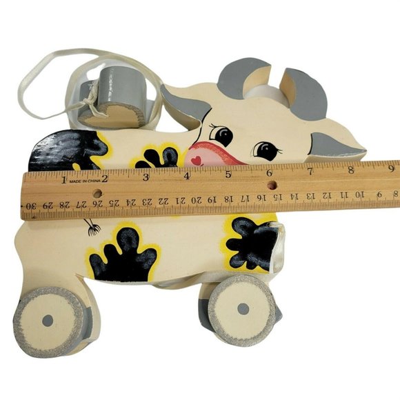 Folk Art Smiling Wooden Cow Toy Heart Pull 8" Length Off White Gray - Picture 5 of 9